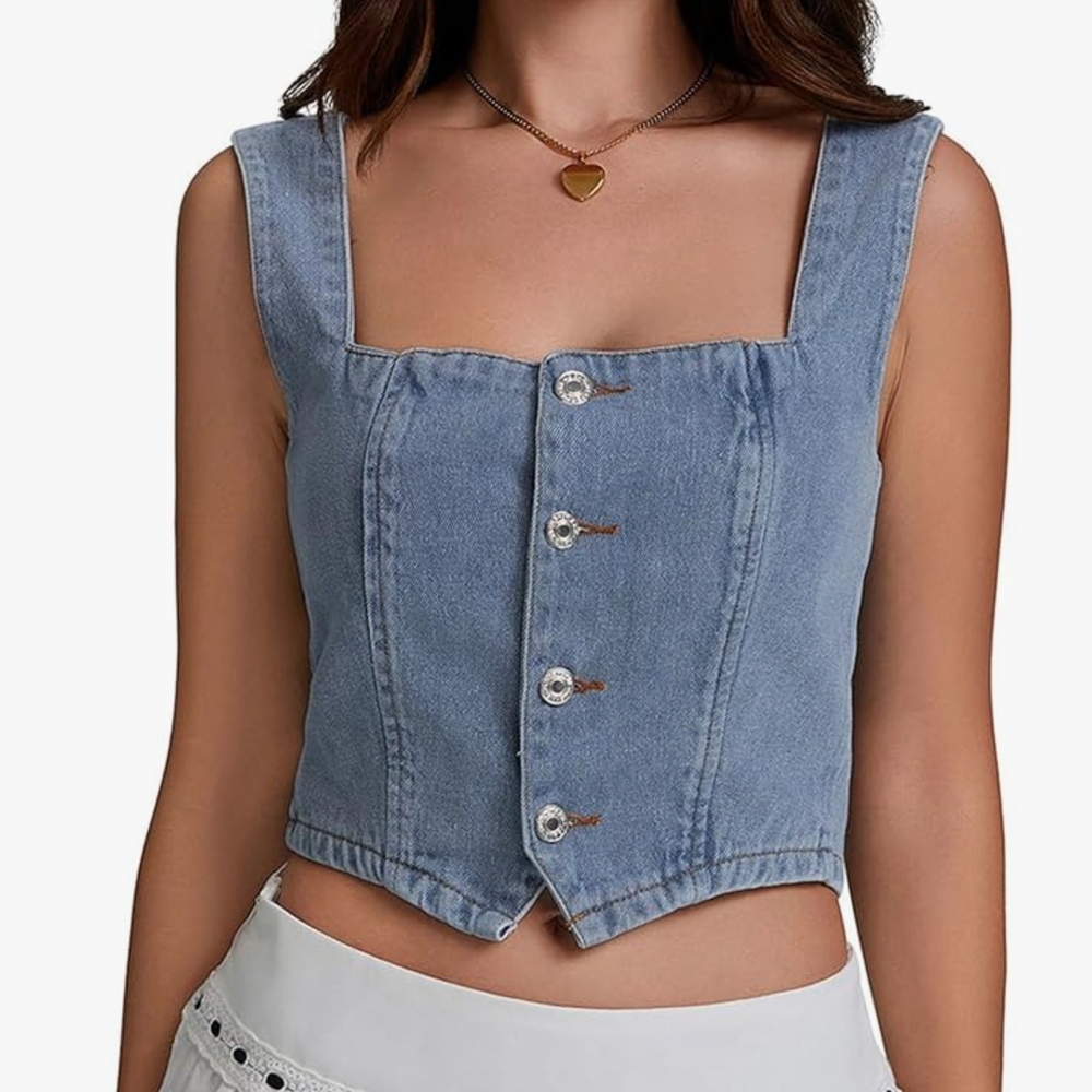 Denim Sleeveless Button-Up Top